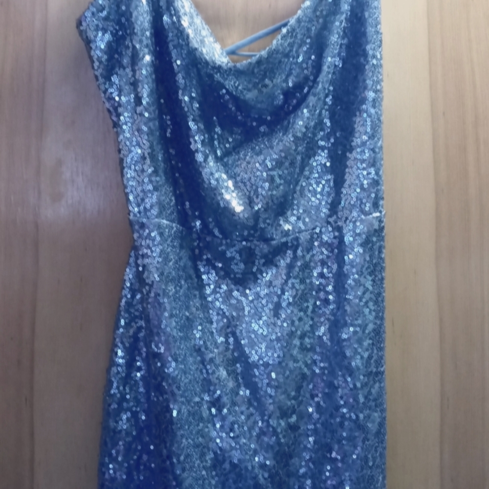 Light blue sequin mini dress.